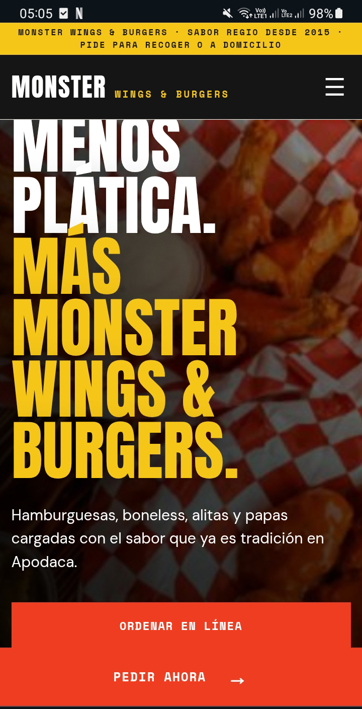 Vista responsive de la página web de Monster Wings & Burgers