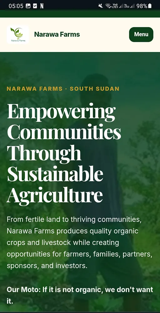 Vista responsive de Narawa Farms